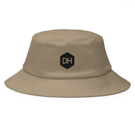 Beige bucket hat shown from a front-top angle with a black DH hex logo on the front panel