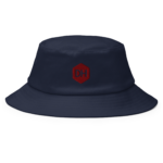 Close-up of a navy bucket hat with a red stitched hex logo showing the letters 'DH'.