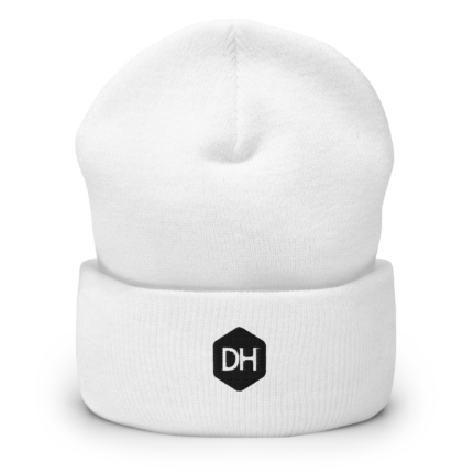White knit beanie with a black octagonal logo containing the letters DH on the front.