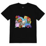 Black T-shirt with a large colorful cartoon monster collage on the front in the chest area.