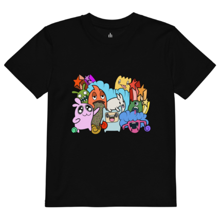 Black T-shirt with a large colorful cartoon monster collage on the front in the chest area.
