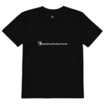 Black crew-neck t-shirt with a small light-gray crest and bold logo text across the chest.
