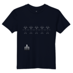 Navy T-shirt with a repeating row of white line-art floral motifs across the chest and a small 'ah' logo near the neckline.