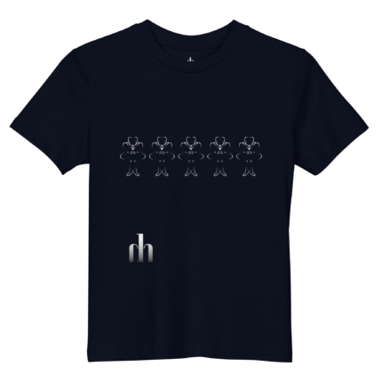 Navy T-shirt with a repeating row of white line-art floral motifs across the chest and a small 'ah' logo near the neckline.