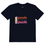 Navy T-shirt with a vertical column of colorful puzzle pieces and the word 'puzzle' in orange and pink.