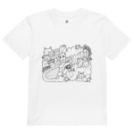 White T-shirt featuring a large black-and-white cartoon collage of whimsical characters densely packed together in a rounded cluster.