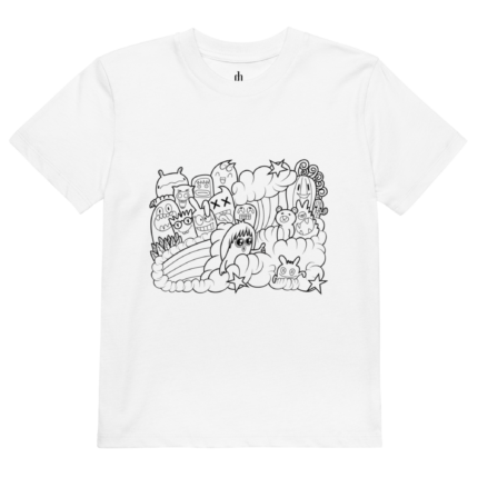 White T-shirt featuring a large black-and-white cartoon collage of whimsical characters densely packed together in a rounded cluster.
