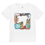 White T-shirt with a bright, chaotic cartoon graphic featuring rainbows, clouds, stars, and a smiling retro TV character inside a colorful frame.