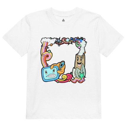 White T-shirt with a bright, chaotic cartoon graphic featuring rainbows, clouds, stars, and a smiling retro TV character inside a colorful frame.