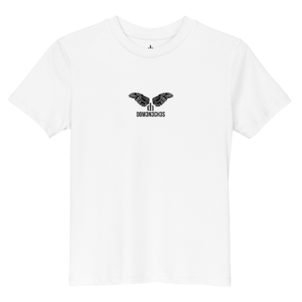 White T-shirt featuring a black winged emblem and the text DOM3N3CH3S beneath.