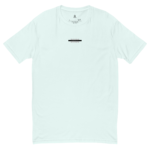 Light blue short-sleeve T-shirt with a small black rectangular stripe graphic centered on the chest.