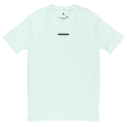 Light blue short-sleeve T-shirt with a small black rectangular stripe graphic centered on the chest.