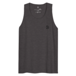 Dark heather gray sleeveless tank top with an inner neck label showing size S and fabric mix (60% cotton, 40% polyester) and care icons visible inside the collar area.