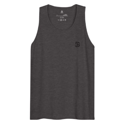 Dark heather gray sleeveless tank top with an inner neck label showing size S and fabric mix (60% cotton, 40% polyester) and care icons visible inside the collar area.