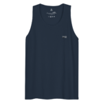 Navy sleeveless tank top with small white label text at the neck and a DH3S logo on the chest.