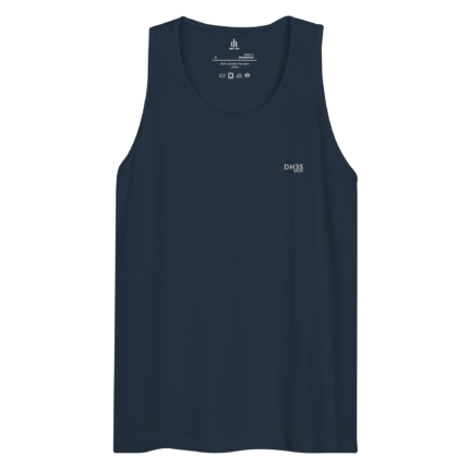 Navy sleeveless tank top with small white label text at the neck and a DH3S logo on the chest.