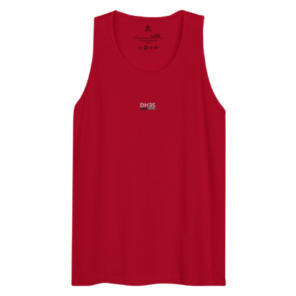 Red sleeveless shirt with a small silver DH3S logo centered on the front lower chest area.
