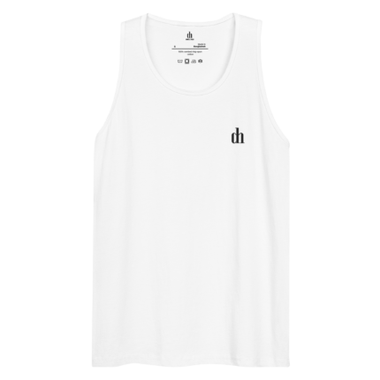 White sleeveless tank top with small black 'dh' logo on the front chest area.