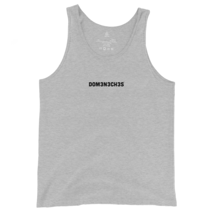 Gray sleeveless tank top with black text 'DOM3N3CH3S' printed across the chest.