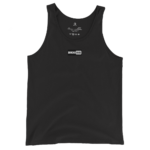 Front view of a black sleeveless tank top with a small white brand logo centered on the chest (DOM3NCH3S).