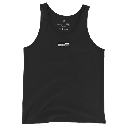 Front view of a black sleeveless tank top with a small white brand logo centered on the chest (DOM3NCH3S).