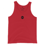 Solid red sleeveless tank top with a small black DH hexagon logo centered on the chest.