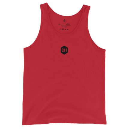 Solid red sleeveless tank top with a small black DH hexagon logo centered on the chest.