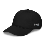 Black baseball cap close-up showing curved brim and stitched panels, with ‘DH3S’ embroidery on the front-right panel.