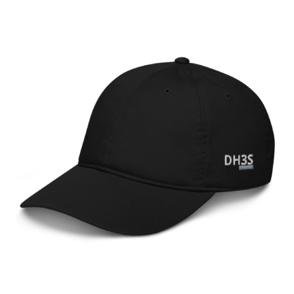 Black baseball cap close-up showing curved brim and stitched panels, with ‘DH3S’ embroidery on the front-right panel.