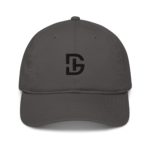 Close-up view of a dark gray baseball cap showing the top button and front panel with a partial black logo.