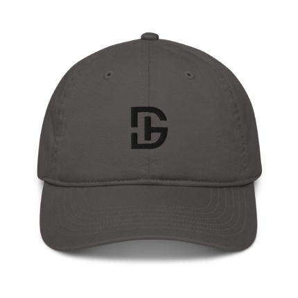 Close-up view of a dark gray baseball cap showing the top button and front panel with a partial black logo.