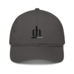 Close-up of a gray baseball cap showing the top crown and partial embroidered logo at the back.