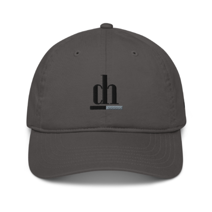 Close-up of a gray baseball cap showing the top crown and partial embroidered logo at the back.