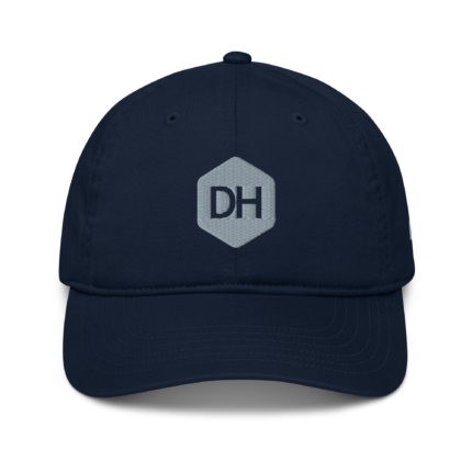 Close-up of a navy baseball cap with a light gray DH emblem on the front, against a white background.