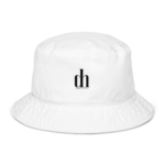 White bucket hat shown from above with a small black branding text centered on the front edge of the hat