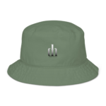 Close-up of an olive-green bucket hat with a small white 'dh' logo and subtle brand text beneath.
