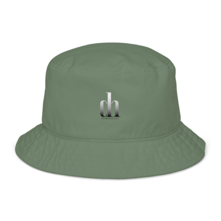 Close-up of an olive-green bucket hat with a small white 'dh' logo and subtle brand text beneath.