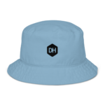 Front view of a light-blue baseball cap with a black DH hex logo on the front, against a black background.