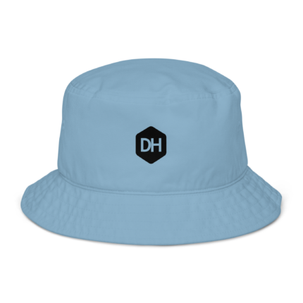 Front view of a light-blue baseball cap with a black DH hex logo on the front, against a black background.