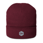 Maroon knit beanie with a folded cuff and a small patch showing 'DH' on the front.