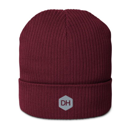 Maroon knit beanie with a folded cuff and a small patch showing 'DH' on the front.