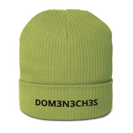 Close-up of a lime-green ribbed knit beanie with a folded brim and a black text print reading DOM3N3CH3S (leet-speak).