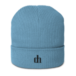 Close-up of a blue ribbed knit beanie with a folded cuff.