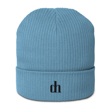 Close-up of a blue ribbed knit beanie with a folded cuff.