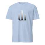 Light blue T-shirt displaying a metallic gradient logo with three arch shapes and the word DOM3N3CH3S beneath (product image).