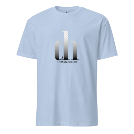Light blue T-shirt displaying a metallic gradient logo with three arch shapes and the word DOM3N3CH3S beneath (product image).