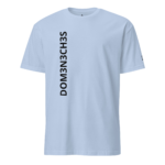 Light blue T-shirt with vertical black text DOM3N3H35 along the left front; small black logo on the right sleeve.