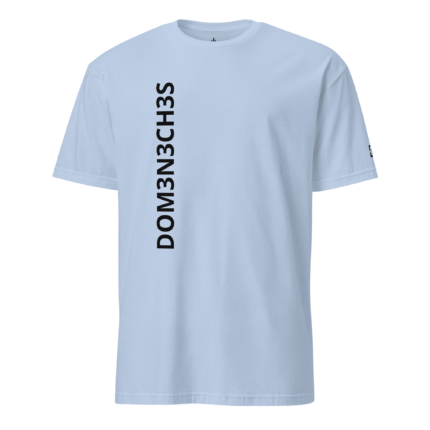 Light blue T-shirt with vertical black text DOM3N3H35 along the left front; small black logo on the right sleeve.