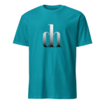Teal crew-neck T-shirt with a large silver gradient 'cn' logo on the chest.
