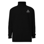 Black quarter-zip fleece pullover with a metallic 'dm' logo on the left chest and red text beneath the emblem.